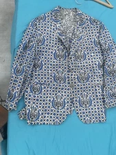 1960s Vintage Blue and White Tiki Blazer. Like Sandwich Isles