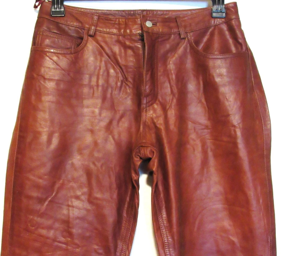 Pantalones de cuero suave marrón 100 % genuino marca Express World con forro talla: 9/10 Foto 3 de 4