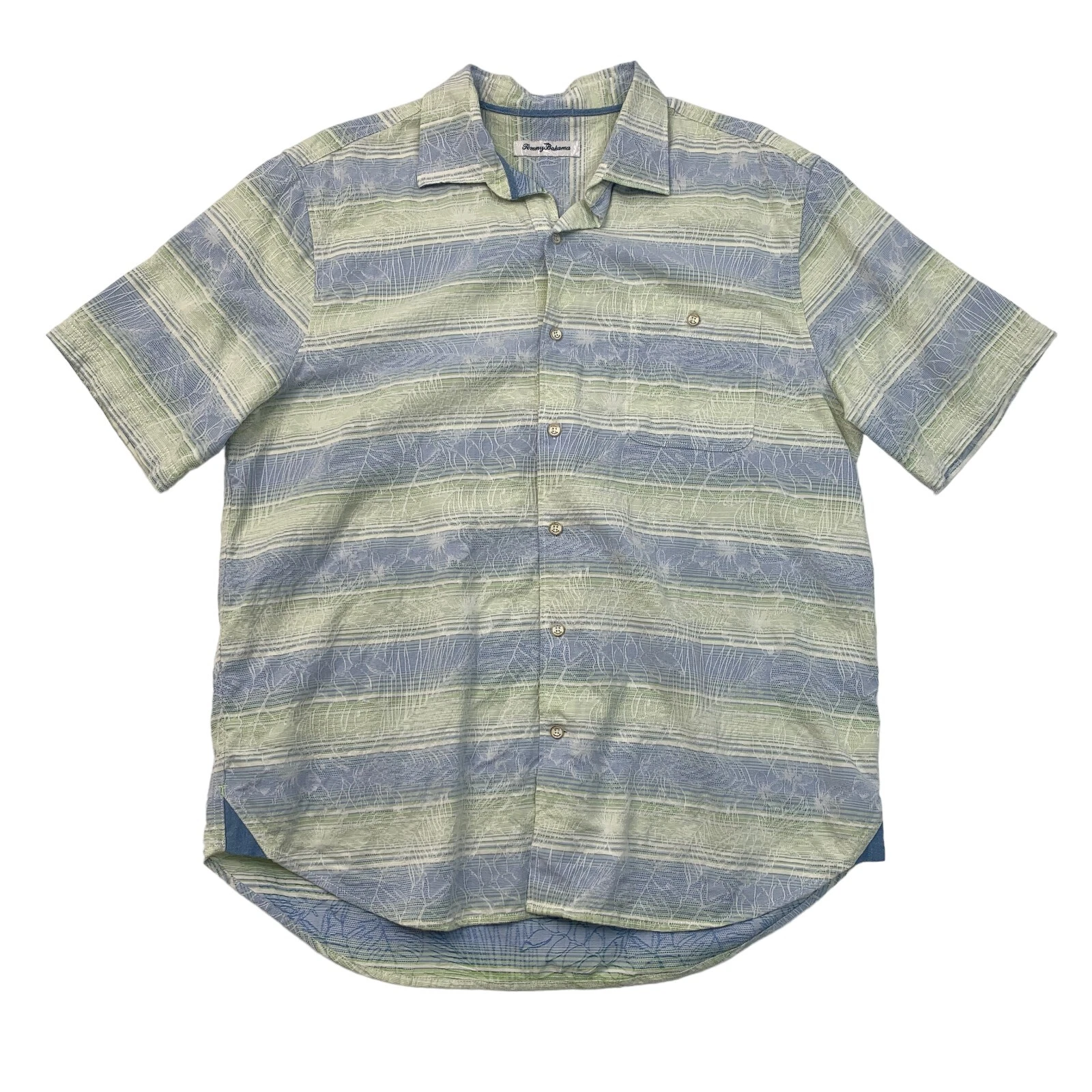 Tommy Bahama Shirt Mens L Large Sardina Striped Cotton Floral Hawaiian Button Up