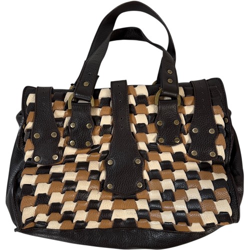 Mulberry Roxanne Bag Tricolor Woven Leather Satchel Brown Black Cream Rare VTG