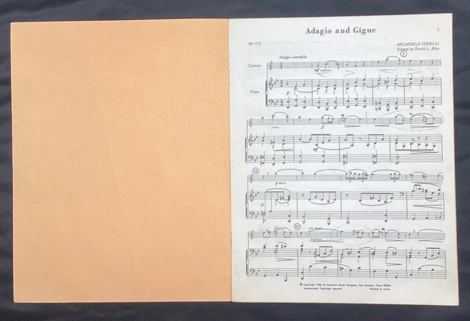 Vtg Sheet Music Adagio and Gigue, Arcangelo Corelli, piano clarinet , 1966 - Image 3 of 4