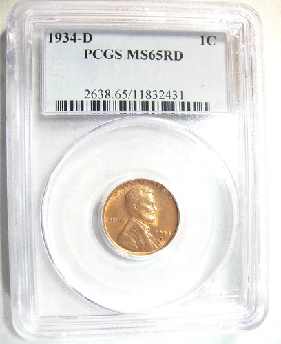 1934 D  LINCOLN WHEAT CENT - PCGS MS 65 RD - Red