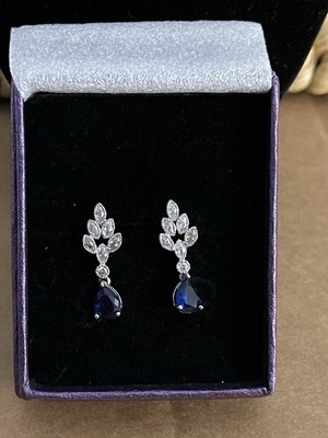 Arco Iris Blue Cubic Zirconia Teardrop Dangle Earrings Silver Tone NIB Gift Box