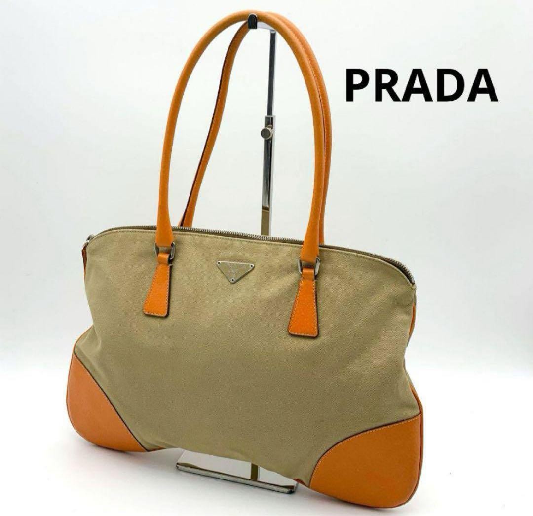 Rare Prada Triangle Logo Green Canvas Leather Tote Bag From Japan