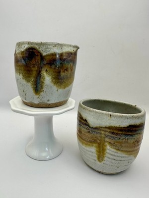 Carol Ann Wilson Studio Pottery Vessels Set 2 Signed Stoneware Drip Glaze