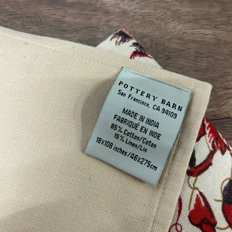 Pottery Barn Linen Cotton Table Runner 18x108 Birds & Blooms Red Floral Cottage - Image 2 of 4