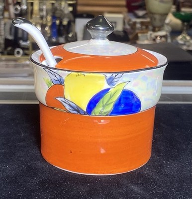 Vintage Noritake Japan Jam Jar Sugar Bowl w Lid Spoon Art Deco Orange And Lemon