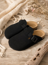 NEW Black Clog Mules Buckle Strap Faux Suede Cork Comfort Slides Sz 36 NWOB