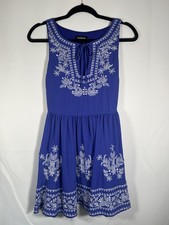 Bebe Royal Blue Embroidered Babydoll Dress Size S Sleeveless Mini Fit Flare Boho