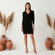 Minimalist Knee Length Jumper Dress Black Wool Blend V-Neck Long Sleeve L