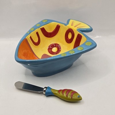 Pier 1 Imports Go Fish Dish Plate Dip Bowl And Spreader Snacks Nuts Sauce   