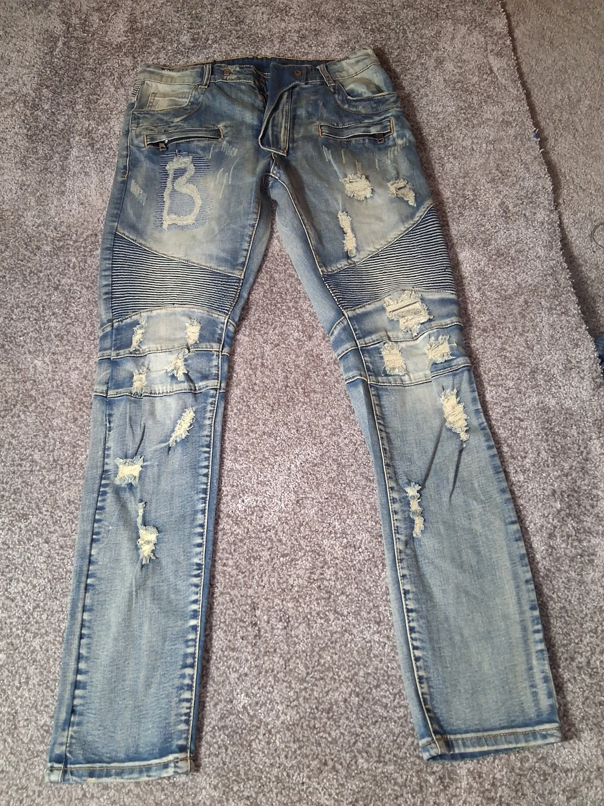 Balmain — Rare Mens Pierre Balmain Blue Distressed Biker Denim Jeans Moto Ribbed Slim Sz 4