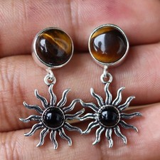 Tiger Eye Earring Sunburst Dangles: Elegant Boho Style - Natural Gemstones,