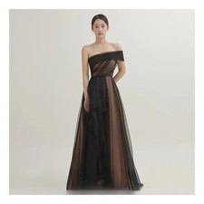 Minimally Black Beach Ball Dress with Sheer One Shoulder Tulle Prom Evening Gown