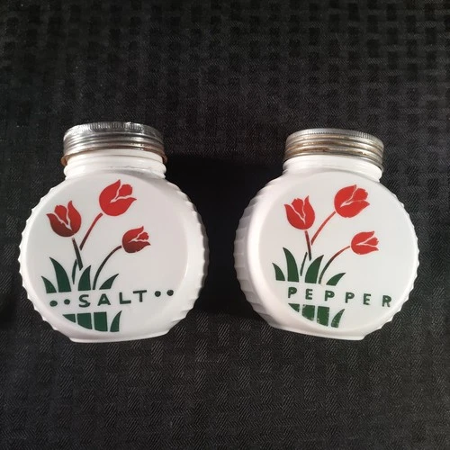 FIRE KING SALT & PEPPER 1940's Vintage Milk Glass Anchor Hocking Roses Round