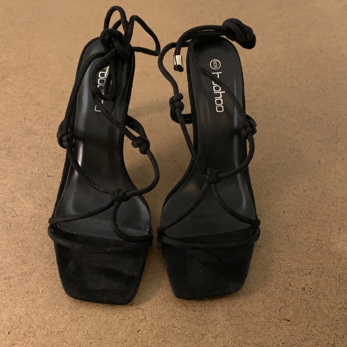 Boohoo Women s US Shoe Size 9 Black Faux Suede Wrap Up Strappy