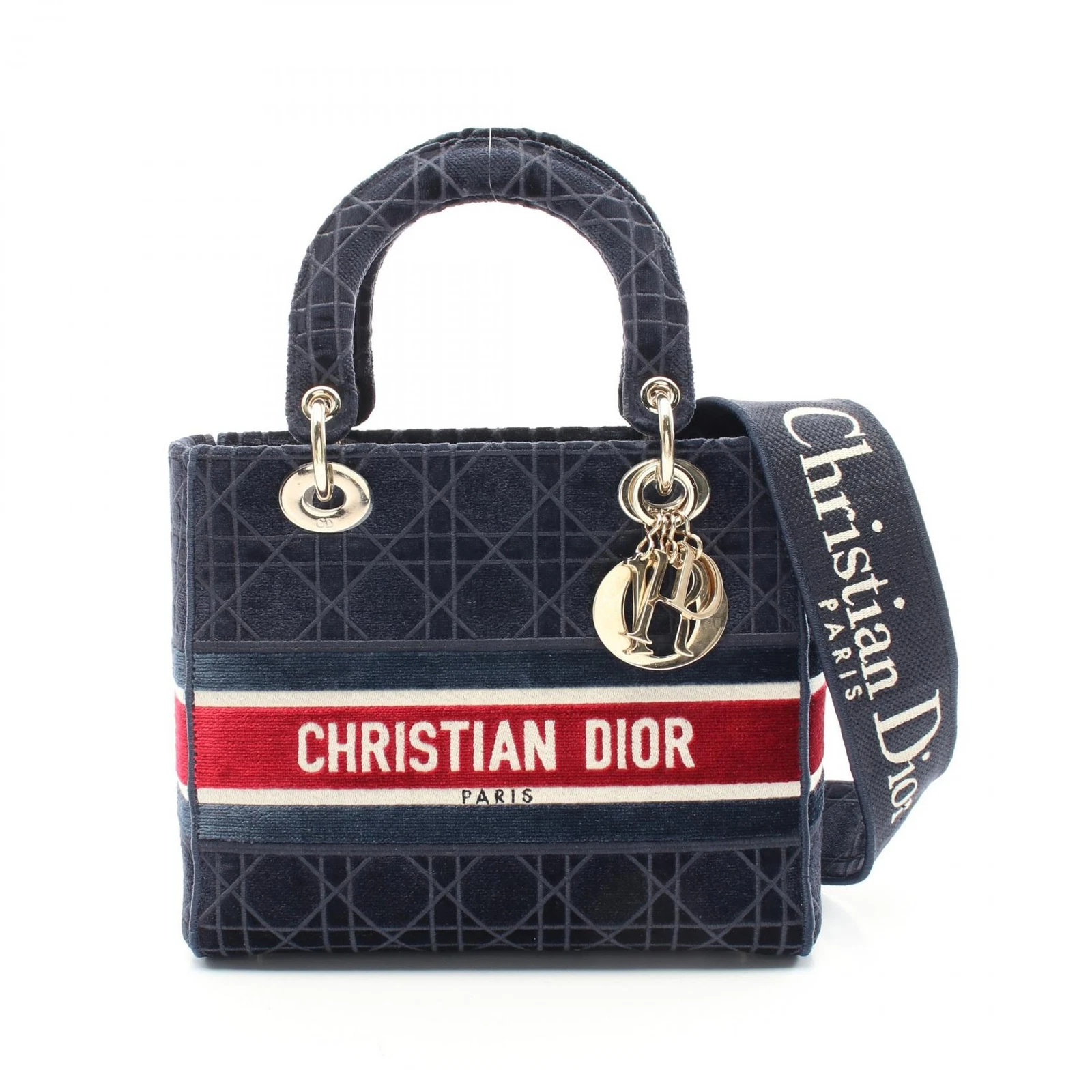 Christian Dior LADY D LITE Sac fourre tout bandoulière moyen main tissu bleu marine multicolore