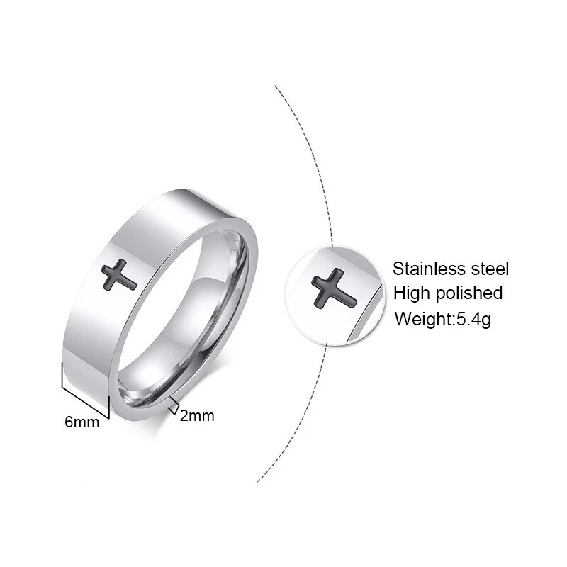 Black Cross Band Men's Women's Titanium Steel Church Party Silver Ring Size 5-13 — 第 2/4 张图片