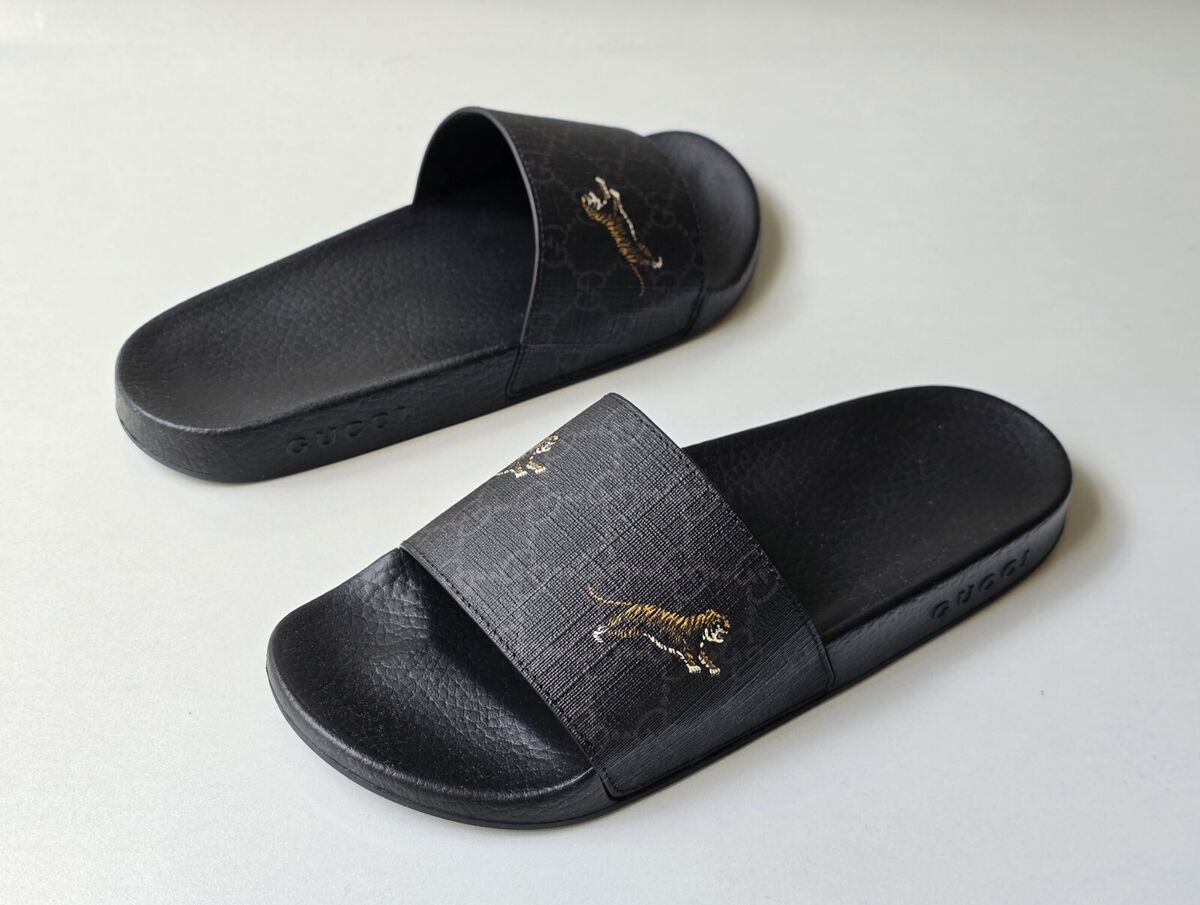 GUCCI GG Supreme Logo Tigers Print Black Slides Men's US 7 GUCCI GG Supreme Logo Tigers Print Black Slides Men's US 7