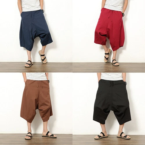 Men Linen Capri Wide Leg Pants Shorts Drop Crotch Harem Trousers Crop Loose - Bild 5 von 23
