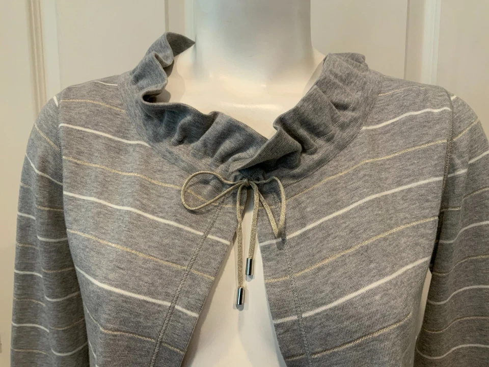 Rivamonti by Brunello Cucinelli Gray, White & Gold Striped Cardigan, Size Small - Image 2 of 4
