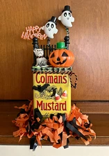 VTG Kitsch Halloween Spice Tin Assemblage Cute Ghosts Pumpkin Dog Figurine OOAK