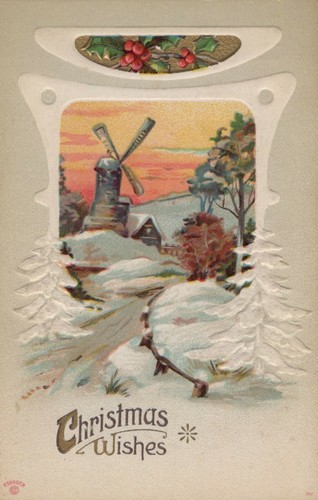 P Sander Winter Windmill White Embossed Pines Scenic Christmas Postcard 731