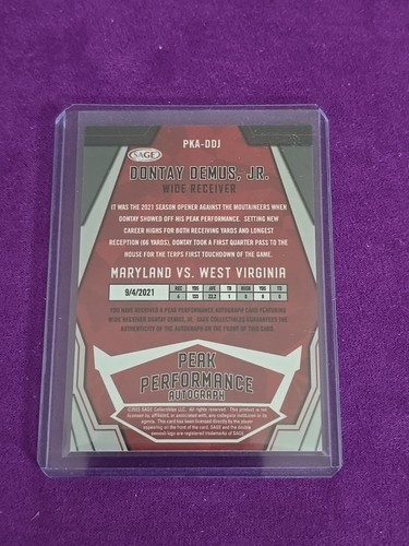 Dontay Demus Jr 2023 SAGE AUTOGRAPH rookie Card Peak Performance Red - Picture 3 of 4