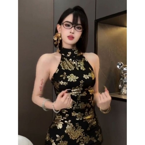 Black and Gold Halter Qipao-Inspired Mini Dress with Floral Embroidery - Picture 3 of 4