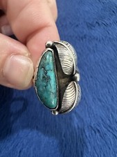 Native American Vintage Sterling Silver Turquoise Women's Leaf Ring, Sz 7.75