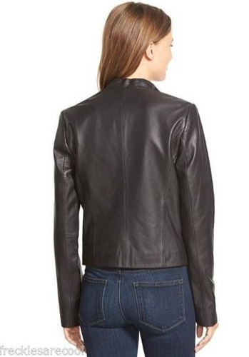 NWT HALOGEN NORDSTROM BLACK LEATHER OPEN FRONT DRAPE NECK SKINNY JACKET XS (0 2) - Picture 2 of 6
