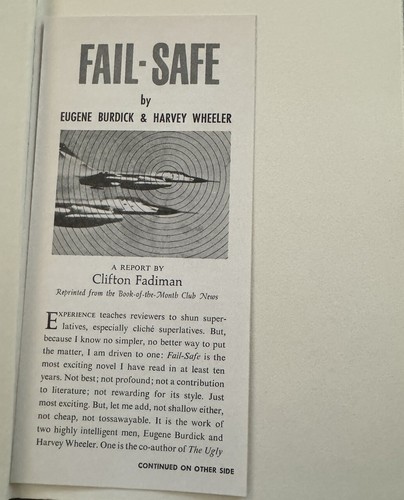 Fail-Safe Eugene Burdick & Harvey Wheeler BOMC hardcover 1962 - Picture 5 of 7