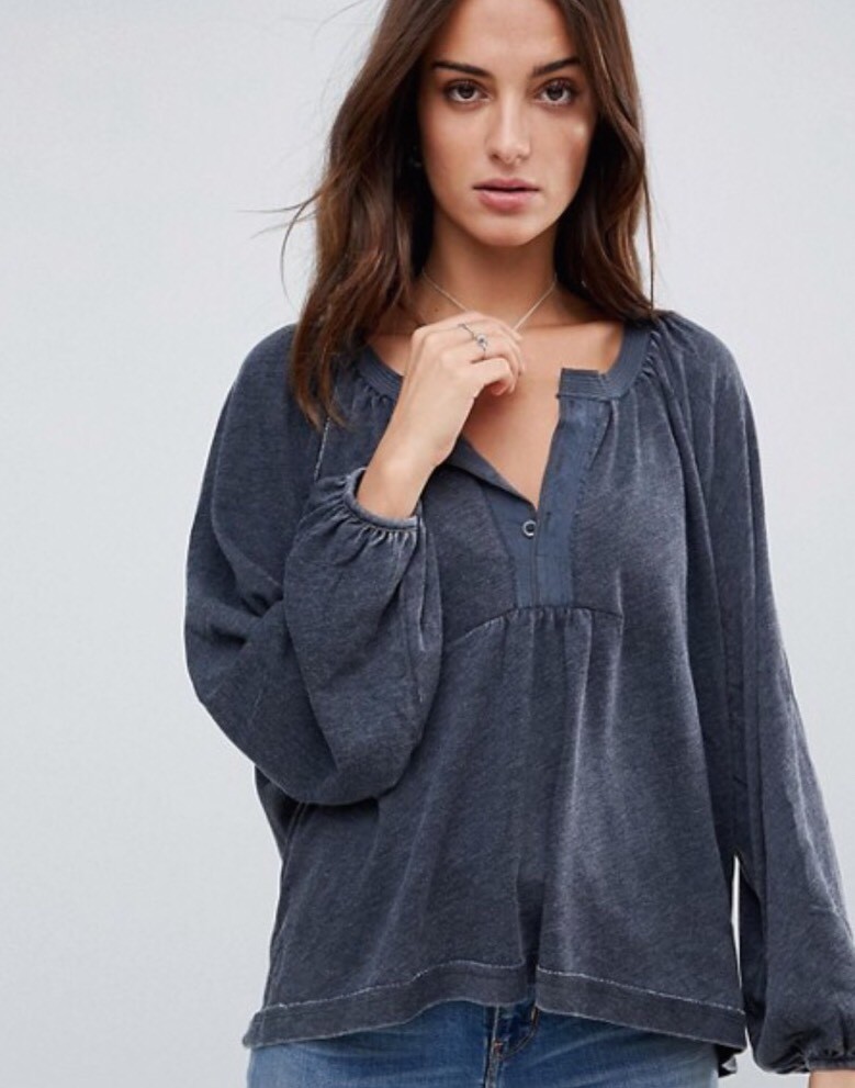 Free People Acadia Henley Top Shirt Washed Black Size Extra Small