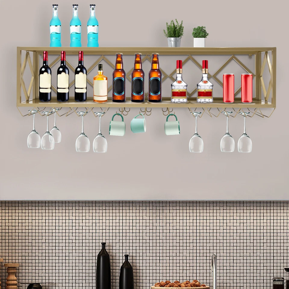 New Wall-Mounted Wine Rack with Wine Glass Rack Metal Wine Storage Display Shelf - Image 3 of 4