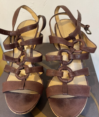 Enzo Angiolini Gladiator Sandals Brown Leather Cognac Cork Wedge Strappy Shoe