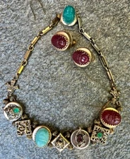 Vintage Victorian Revival GLASS Slide Necklace & Earring Set - Scarabs - RARE!