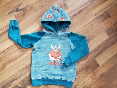 Handmade Kinder Hoodie Pullover Gr. 104 blau/türkis Wikinger Print Kapuze
