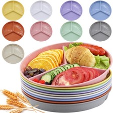 9.6-Inch Large Multicolor Wheat Straw Divided Plates   9PCs Unbreakable 3-Com...