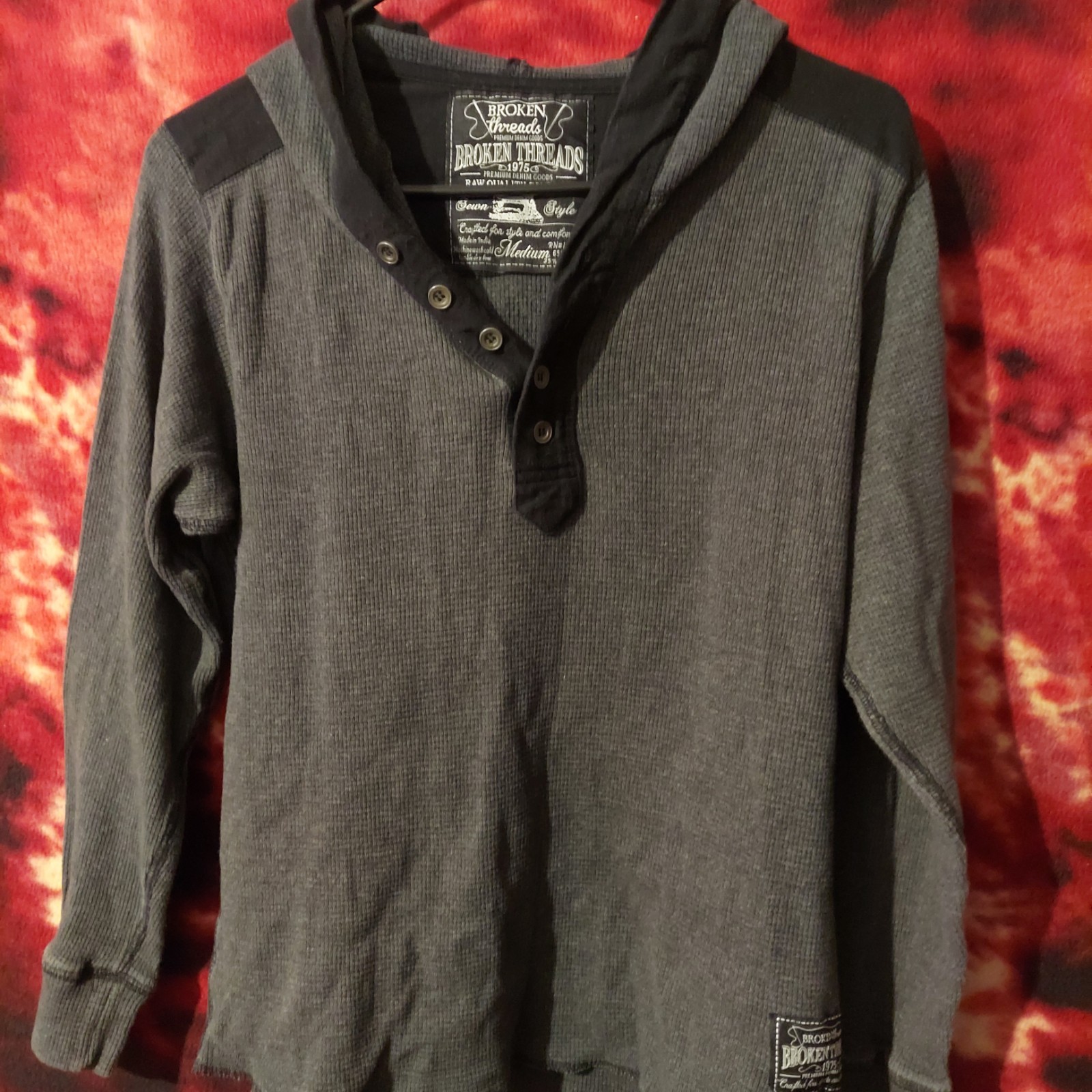Broken Threads Gray Knit Button Henley Pullover H… - image 1