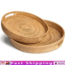 Round Rattan Serving Tray Set Wicker Platter W/ Handles Food Drinks Decor New