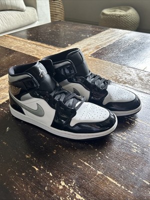 Nike Air Jordan 1 Mid SE Black Patent Silver White Men 10.5 Shoes