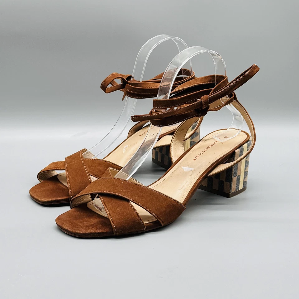 Anthropologie Zapatos Mujer 9 Marrón Gamuza Tacón Bloque Envoltura al Tobillo Sandalias de Verano Foto 4 de 4
