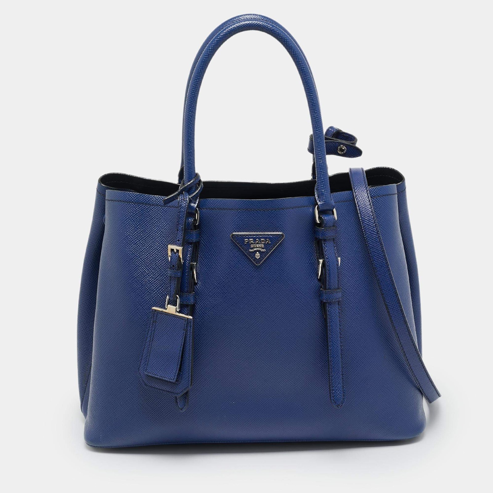 Prada Double Handle Medium Blue Saffiano Cuir Leather Tote