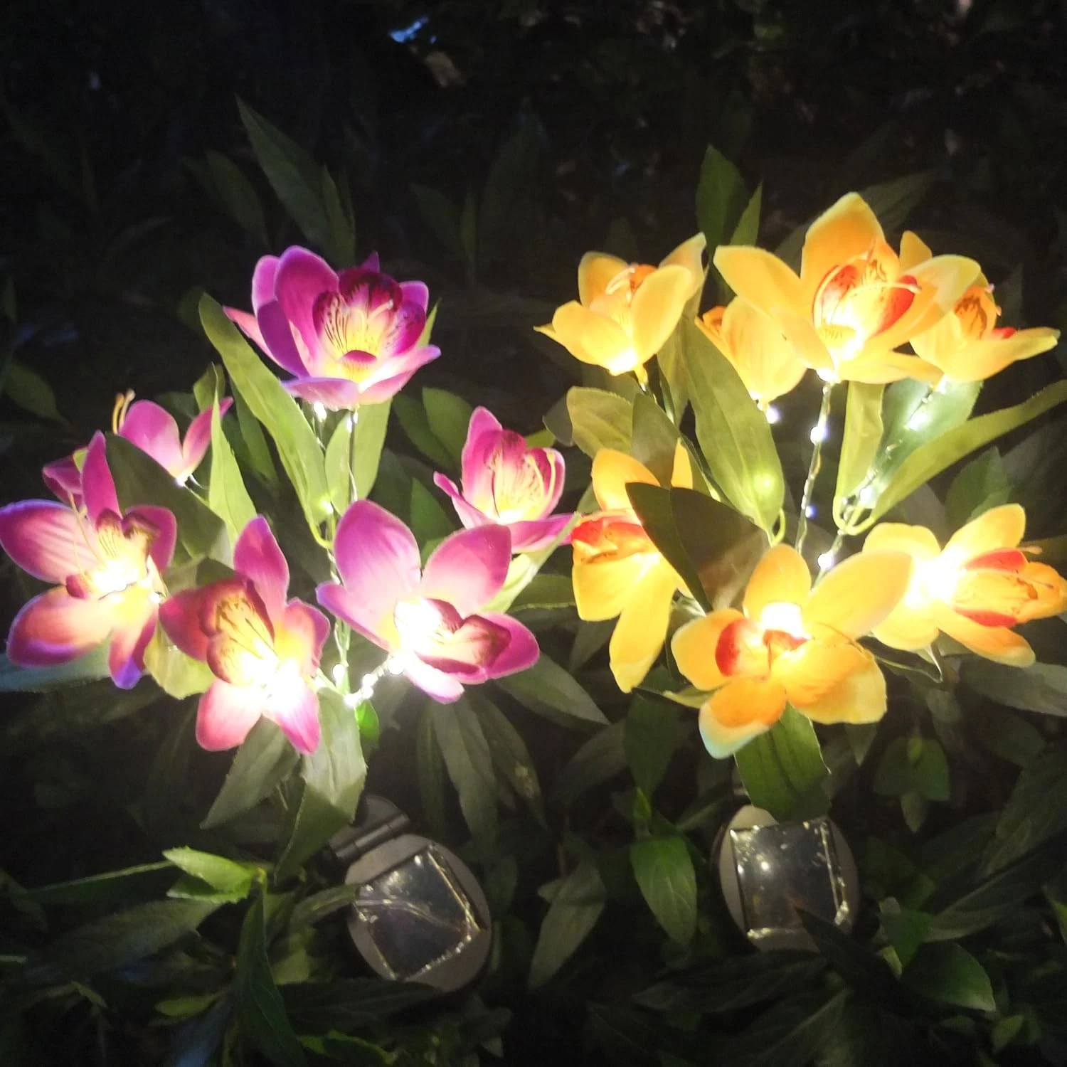 Solar Flower Lights, 2 Pack Solar Flowers with 14 Blooming Purple & Yellow Or...