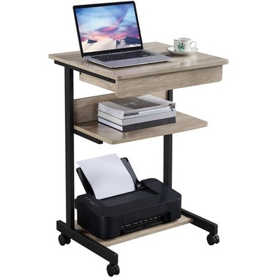 Rolling Computer Desk with 2 Storage Shelves, Rustic Gray