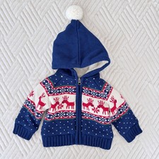Hanna Andersson Baby 3-6M Holiday Fair Isle Reindeer Hooded Sweater Jacket Navy