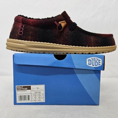 Hey Dude Wally Cozy Plaid Loafers Lined 44341-6RQ Red Black Mens Size 10