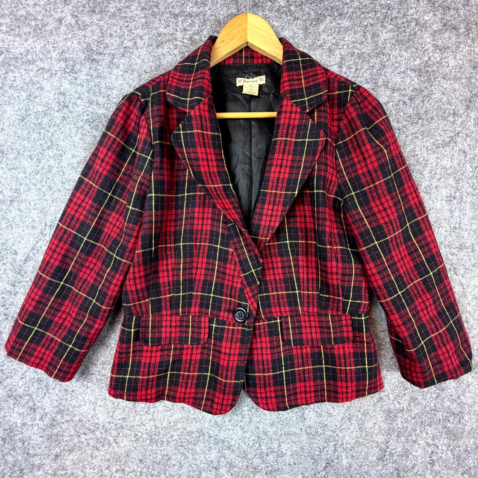 Vintage Blazer Jacket Womens M/L Red Black Tartan Classic Academia Notch Lapel