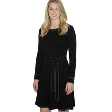 LOFT Black Long Sleeve Belted Knit Dress Size 8 Rayon Nylon Spandex Y2K Casual
