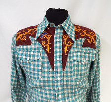 VTG Nudie's Rodeo Tailors Pearl Snap Western Shirt Turquoise Plaid Hollywood Men